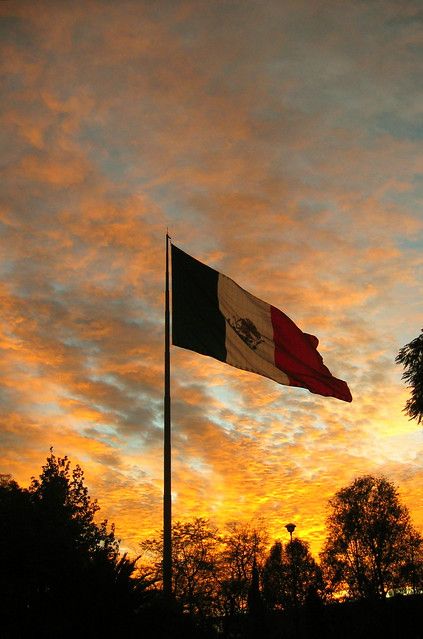 a flag flying in the sky at sunset