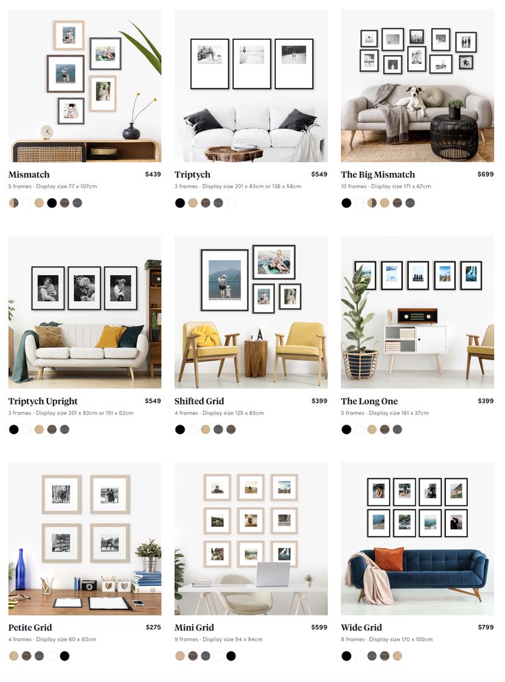 an image of a living room with pictures on the wall and furniture in different styles