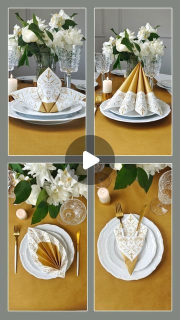 there are four pictures of different place settings on the table with flowers in vases