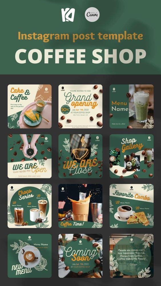 the instagram post template for coffee shop is shown in green and white colors, with photos