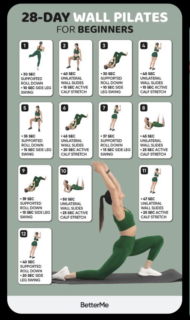 a woman doing the 28 - day wall pilates for beginners with instructions