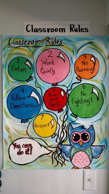 a classroom rules poster with an owl and speech bubbles attached to the back of it