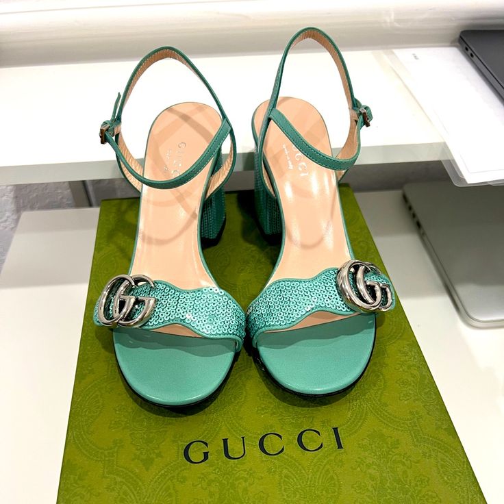 Authentic Gucci Heels Sequin New With Box, Dust Bag And Authentic Card True Size All Offers Are Welcome But Please Be Reasonable Luxury Green High Heel Sandals, Gucci Block Heel Evening Sandals, Gucci Evening Sandals With Block Heel, Gucci Block Heel Sandals For Evening, Luxury Green Open Heel Heels, Luxury Green Sandals With Block Heel, Designer Green Sandals For Evening, Designer Green Evening Sandals, Gucci Luxury Summer Heels