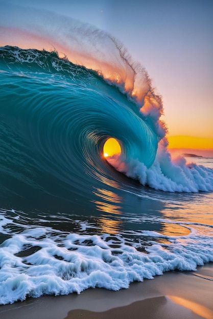 the sun is setting behind an ocean wave