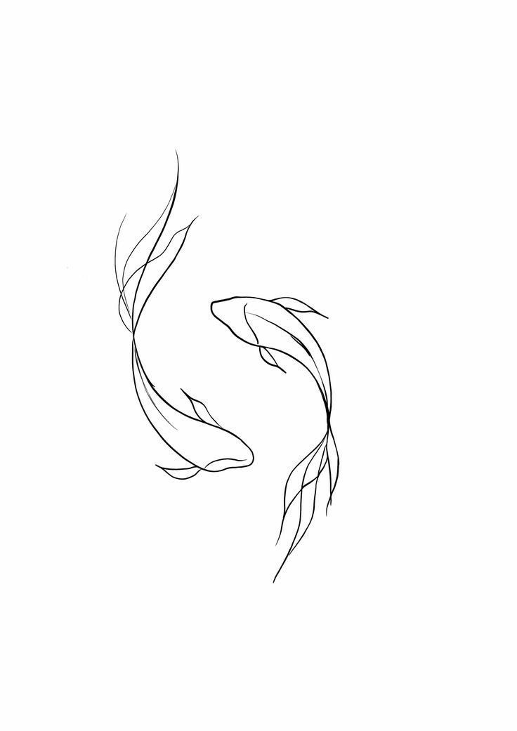 a black and white drawing of two fish in the water with their tails curled up