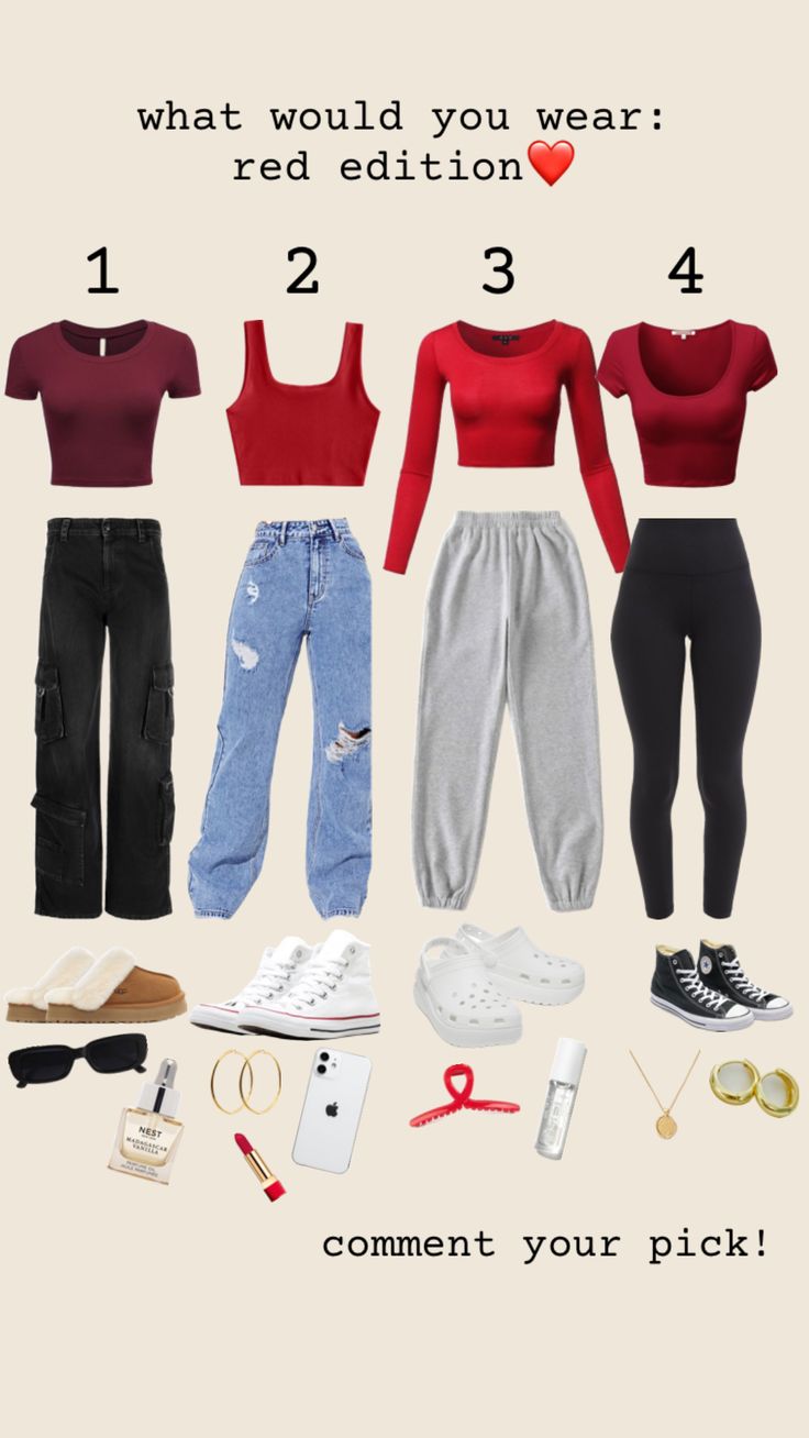 #red #outfits #fit #outfitinspo #ootd Wear Red Day Spirit Week, Outfits With Red Shirts For School, Red Outfit For School, Red Back To School Outfits, High School Musical Outfit Ideas, Red Spirit Day Outfits, Red School Outfits, Red Outfits For School, Red Outfit Ideas Casual