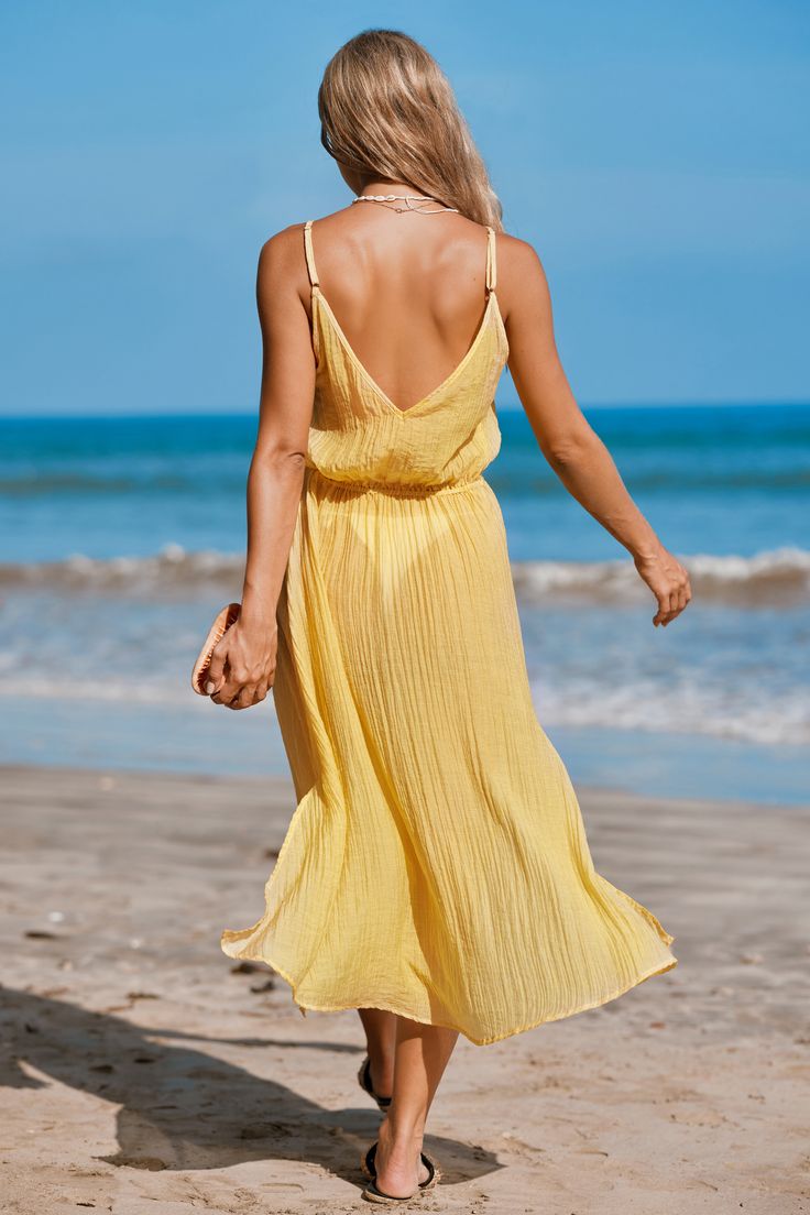 Wrap yourself in sunshine with our Sunshine Yellow Blouson V-Neck Cover-Up. This playful and vibrant piece features a blouson silhouette, creating a carefree and breezy look essential for your beach ensembles. Product code: CAA07B3M010NN Features:  Woven  V-neckline  Sleeveless Cinched waist Maxi Blouson silhouette Wash Method: Regular Wash Material: 65%LYOCELL,35%COTTON. Beachwear Dresses, Affordable Swimwear, Neck Cover, Size Matters, Make Memories, Sunshine Yellow, Body Shape, Cinched Waist, Body Shapes