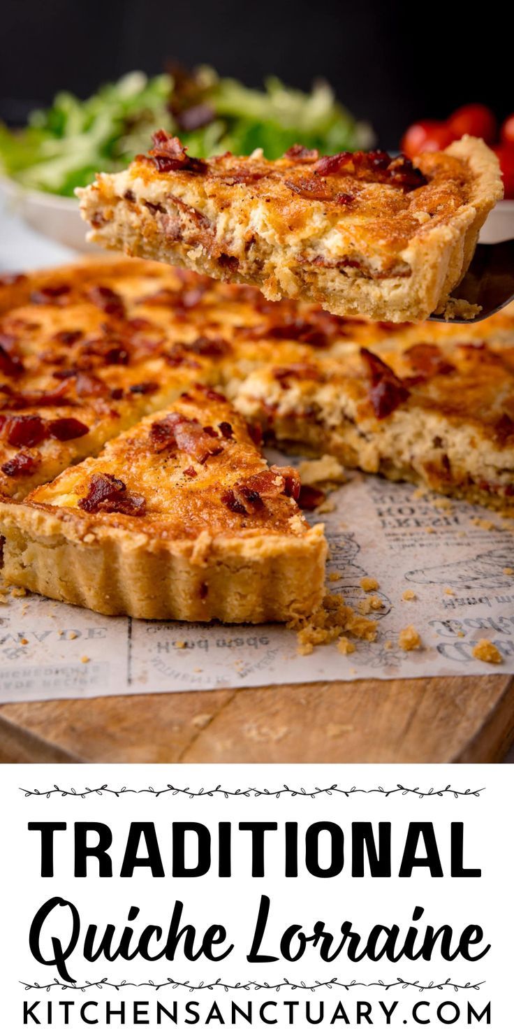 the traditional quiche loraaine is cut into slices