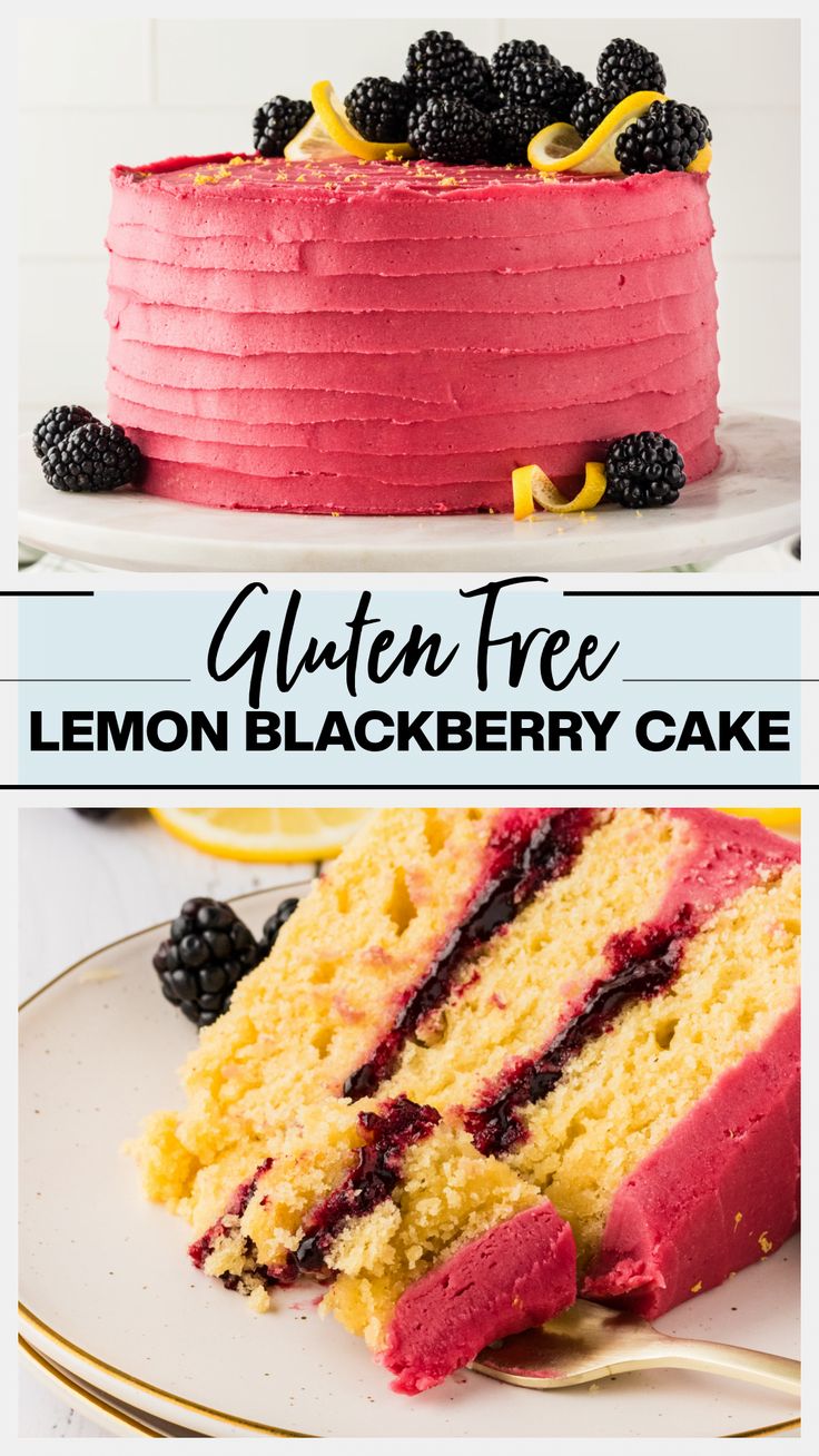 two pictures of a cake with lemon and blackberries on the top one has a slice taken out of it