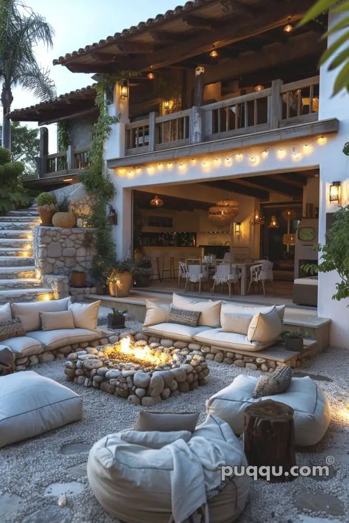 an outdoor living room with fire pit and seating area in front of the house at night