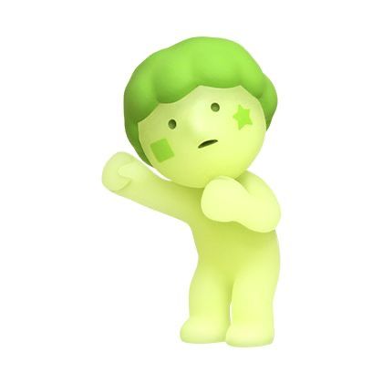 a cartoon character with green hair and stars on his face is pointing at something in the air