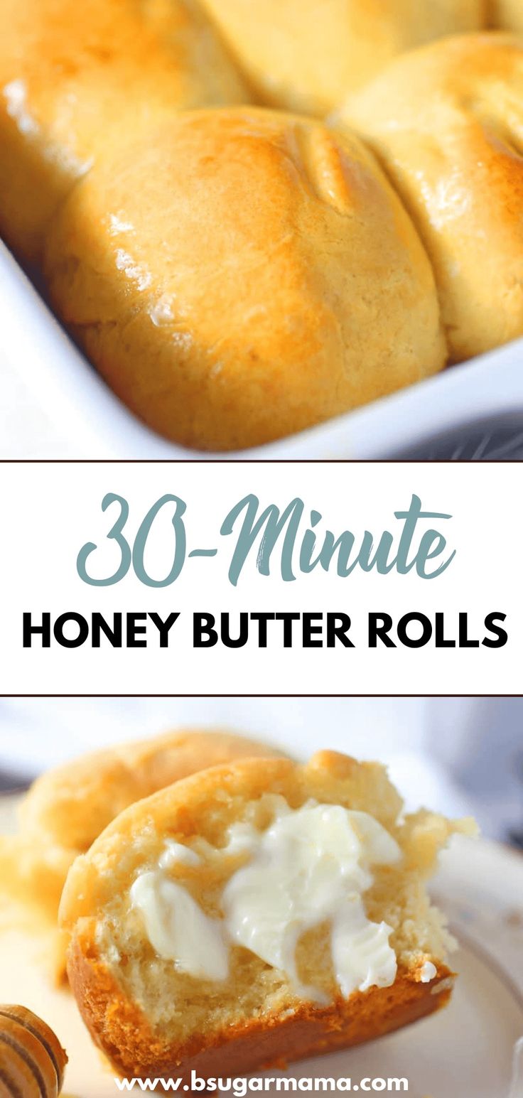 honey butter rolls on a plate with the words 30 - minute honey butter rolls above them