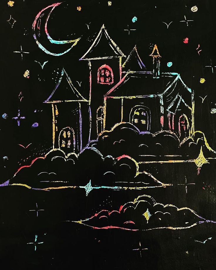 a chalk drawing of a church with stars and moon in the night sky above it