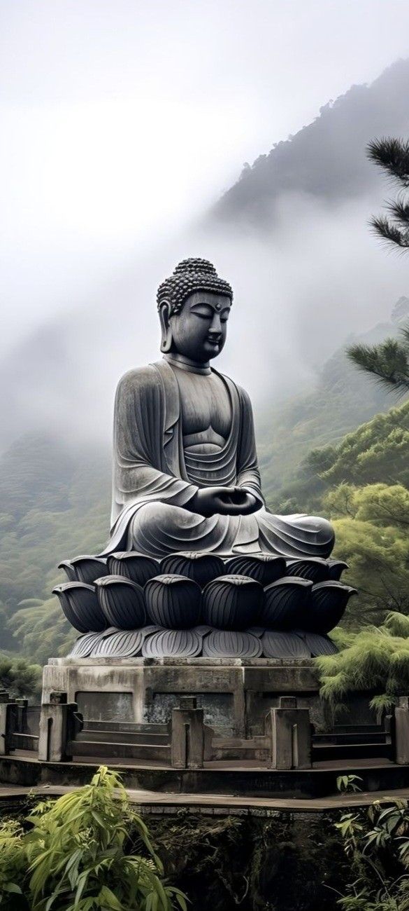 a buddha statue sitting on top of a wooden platform in the middle of a forest