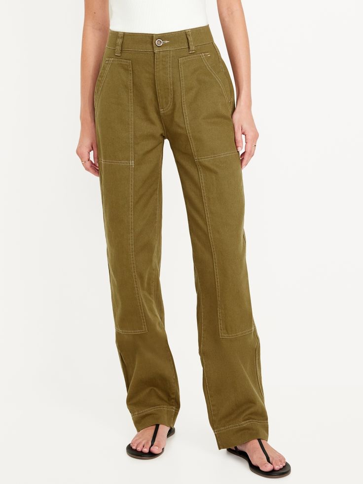 button front belt loops zip fly front workwear pockets back patch pockets hammer loop match back to our crop utility jacket Basic Essentials, Pants Green, Perfect Pant, Utility Pants, Twill Pants, Old Navy Women, Back Patch, Bottom Clothes, Utility Jacket