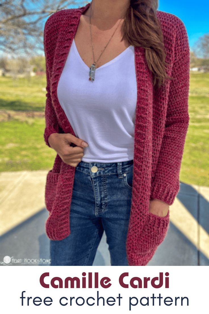 a woman wearing a red cardigan and jeans with the text free crochet pattern