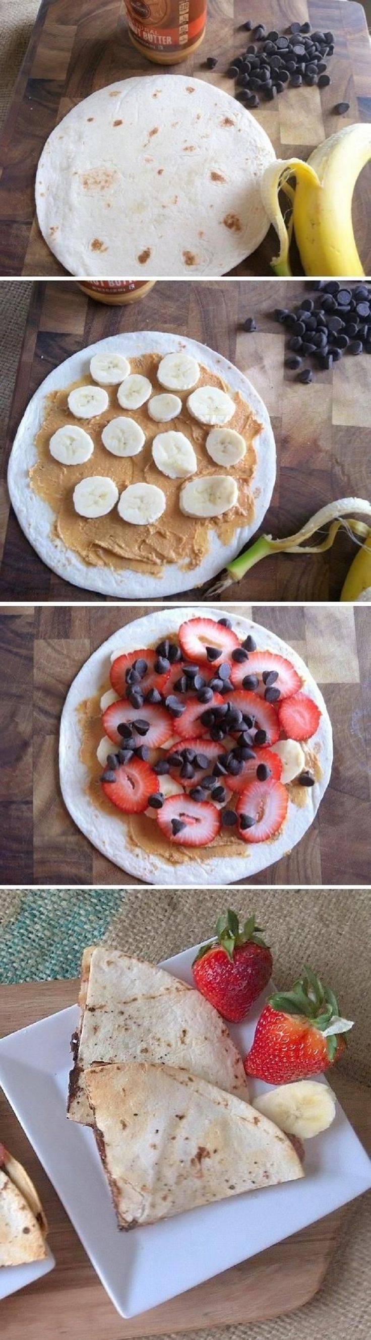 the process of making tortillas with fresh fruit on top and sliced bananas in the background