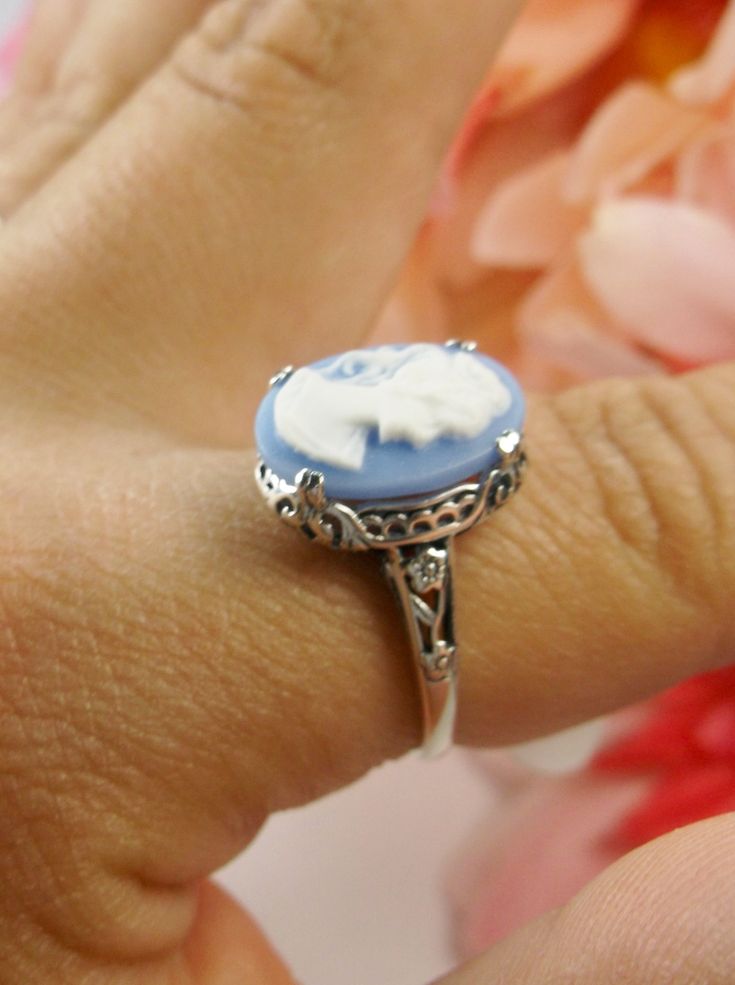 Blue Lady Cameo Ring, Sterling Silver Floral Filigree, Vintage Edwardian Jewelry, Silver Embrace Jewelry Oval Filigree Intaglio Ring Gift, Oval Filigree Ring With Intaglio For Gift, Elegant Carved Blue Jewelry, Elegant Blue Carved Jewelry, Vintage Blue Carved Jewelry, Vintage Carved Blue Jewelry, Blue Carved Oval Jewelry, Blue Oval Carved Jewelry, Blue Cameo Jewelry For Wedding