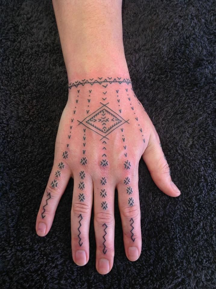 a person's hand with tattoos on it and a black rug in the background