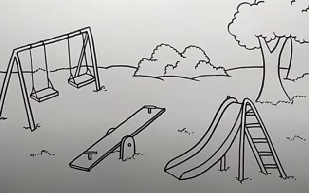 a black and white drawing of children's play area with swings, slides and trees