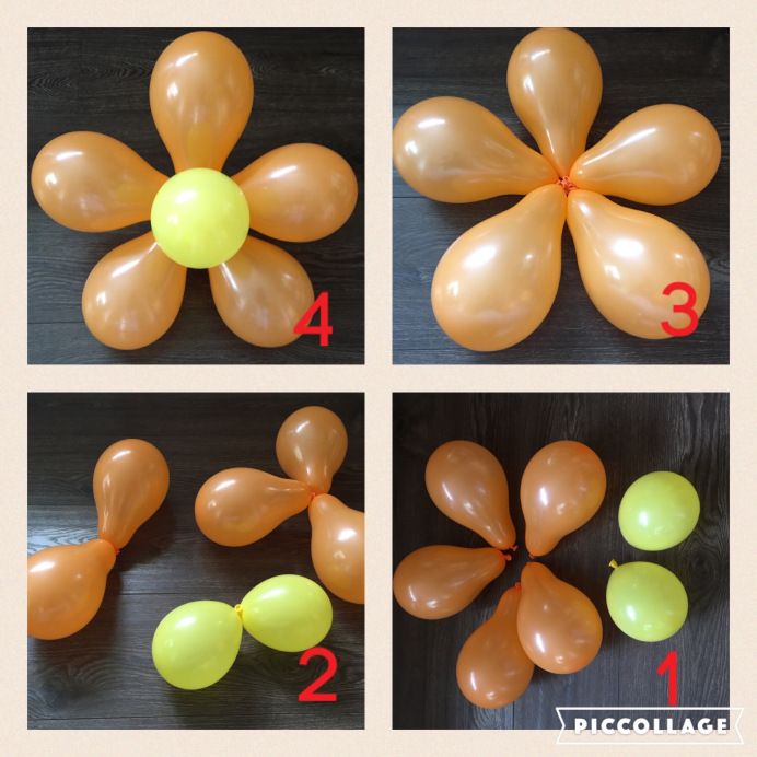 four pictures showing how to put balloons in the shape of flowers