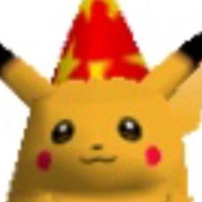 the pikachu is wearing a party hat with red and yellow dots on it