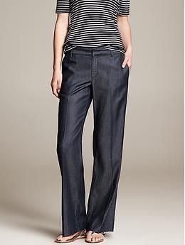 Chambray Wide-Leg Pant - Pants Elegant Straight Leg Jeans With Pockets, Straight Work Bottoms With Hip Pockets, Straight Pants With Patch Pockets For Work, Workwear Pants With Patch Pockets And Straight Shape, Straight Bottoms With Pockets For Workwear, Straight Workwear Bottoms With Pockets, Fitted Wide-leg Pants With Flap Pockets, Classic Straight Bottoms With Patch Pockets, Classic Straight Bottoms With Pockets