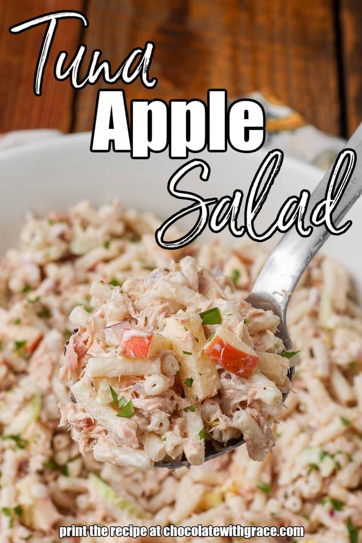 tuna apple salad in a white bowl with a spoon and title text overlay reads tuna apple salad