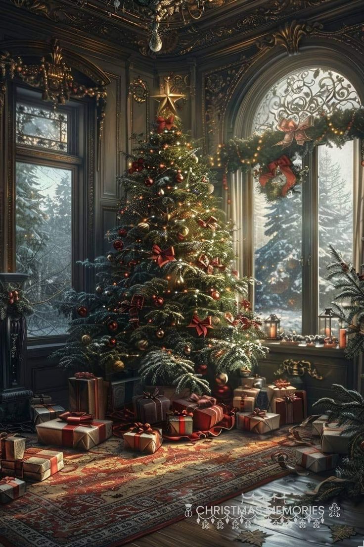 a decorated christmas tree in front of a window with presents on the floor next to it