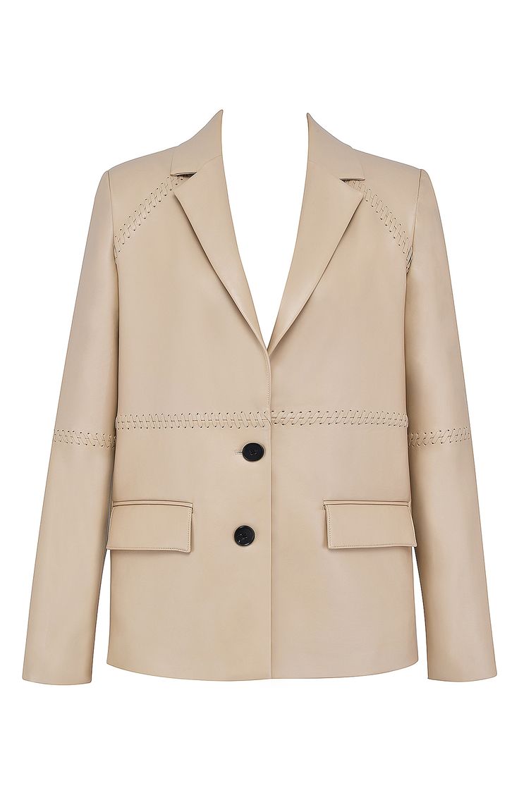 This elevated blazer is designed with whipstitch detailing in a double-button silhouette from buttery-soft faux leather. Front button closure Notched lapels Front flap pockets Lined 60% cotton, 40% polyurethane Dry clean Imported Chic Leather Blazer For Spring, Designer Leather Blazer For Spring, Spring Leather Jacket With Lapel Collar For Office, Spring Leather Blazer For Work, Leather Jacket With Lapel Collar For Office In Spring, Chic Leather Blazer With Snap Buttons, Spring Formal Leather Jacket With Button Closure, Spring Leather Jacket With Hidden Button Closure For Office, Spring Business Leather Jacket With Hidden Buttons