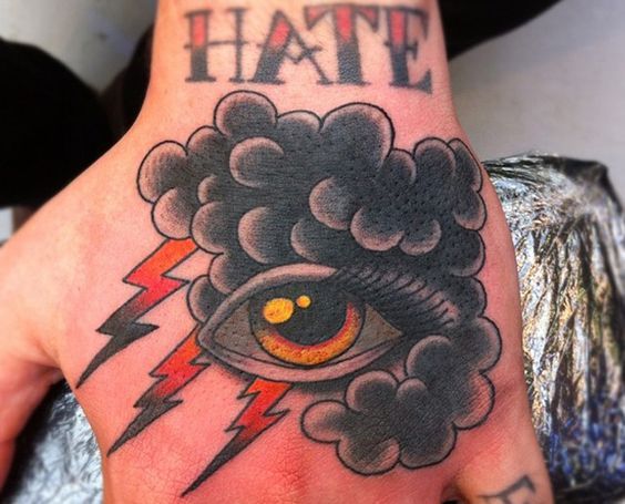 a hand with an eye and lightning coming out of it that says hate on it