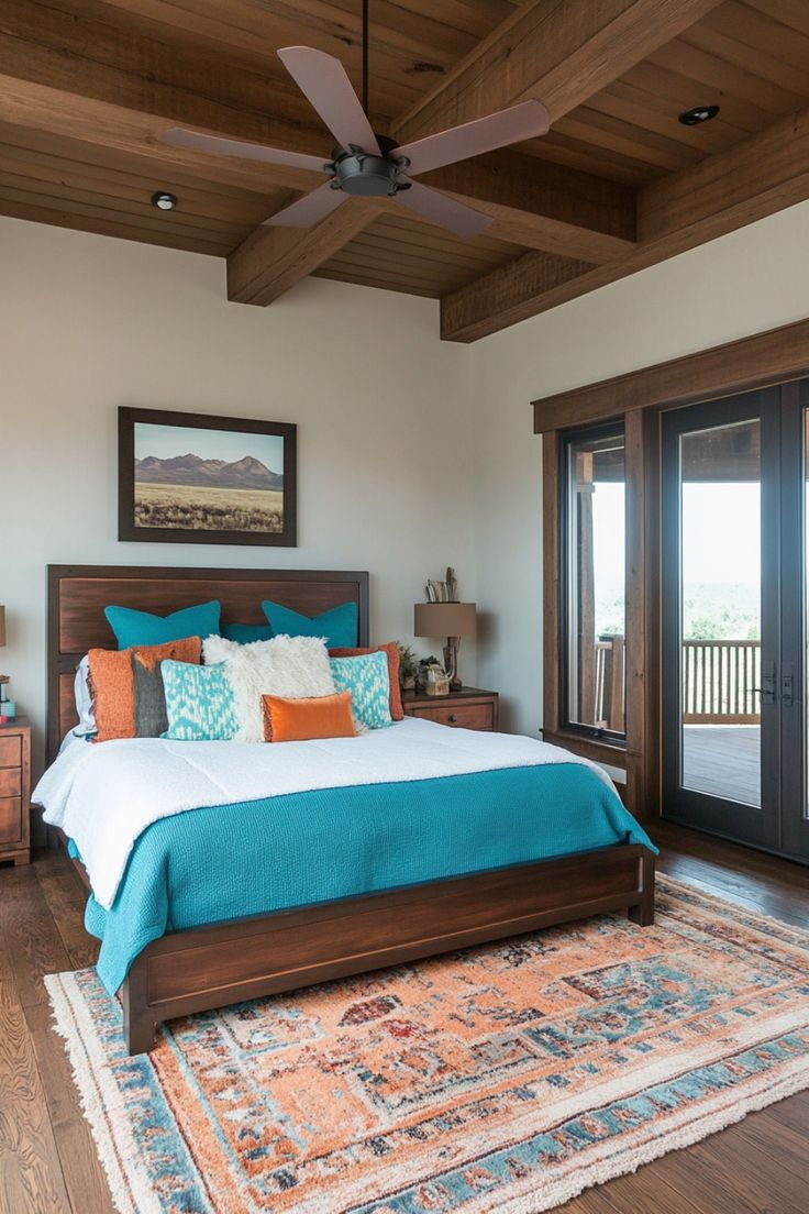 a bedroom with a large bed and wooden ceiling