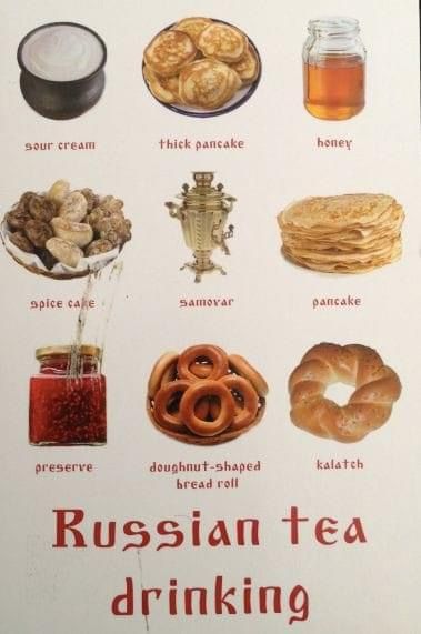 a russian tea sign with different types of food