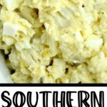 a close up of a plate of food with the words southern style potato salad