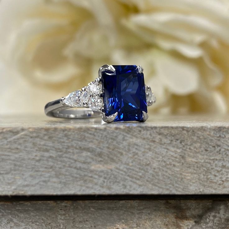 Vintage Blue Sapphire Ring, Blue Sapphire Engagement Ring, Emerald Green Earrings, Sapphire Rings, Sapphire Engagement Ring Blue, Sapphire Engagement Ring, Ring Pictures, Emerald Earrings, Radiant Cut