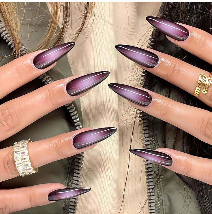 Purple Stiletto Nails, Black Purple Ombre, Witch Nails, Black Acrylic Nails, Purple Nail, Blue Nail, Halloween Nail Designs, Stick On Nails, Manicure Y Pedicure