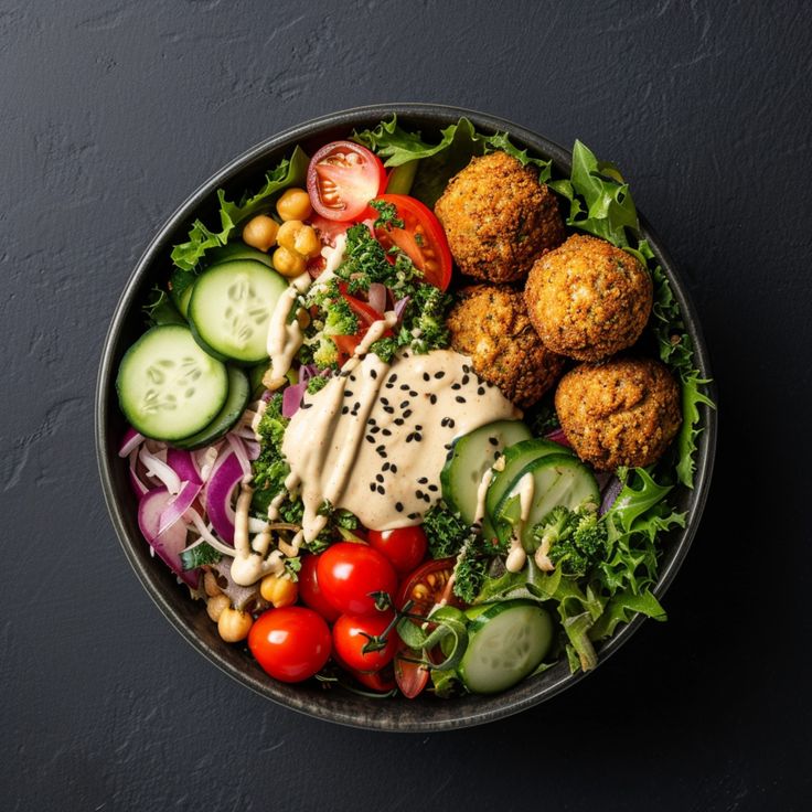 a bowl filled with vegetables and meatballs on top of a black table next to a knife