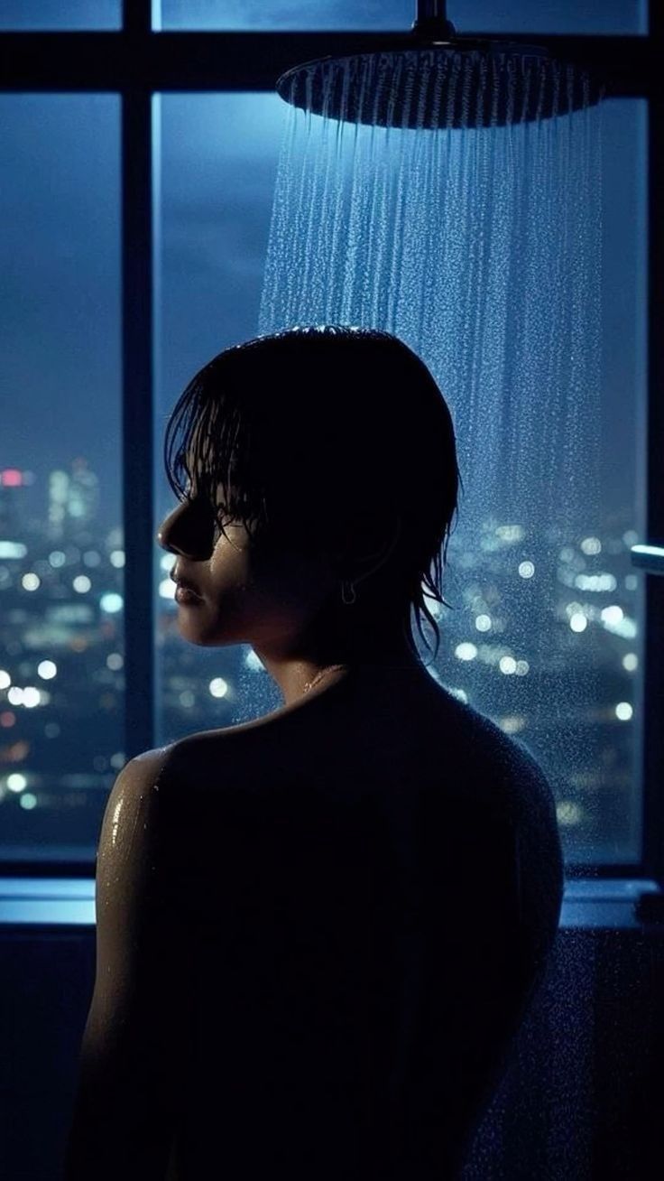 a woman standing in front of a window with rain coming down from the sky line