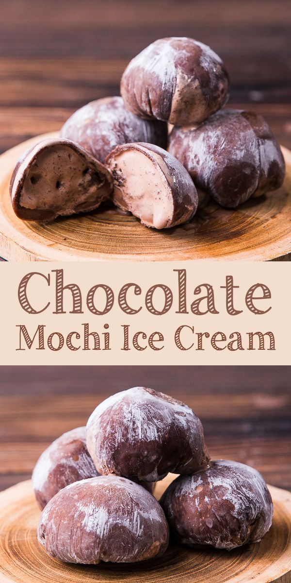 chocolate mochi ice cream on a wooden plate with the words chocolate mochi ice cream