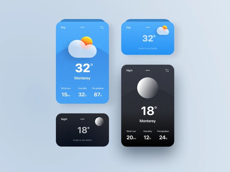 three smart phones displaying different weather conditions