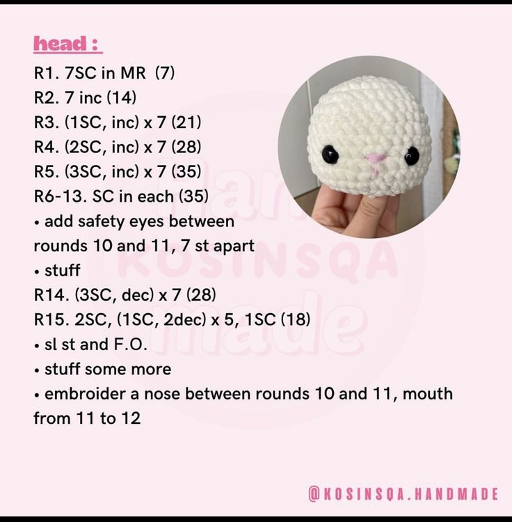 a crocheted bunny is shown with the instructions for it's head and eyes