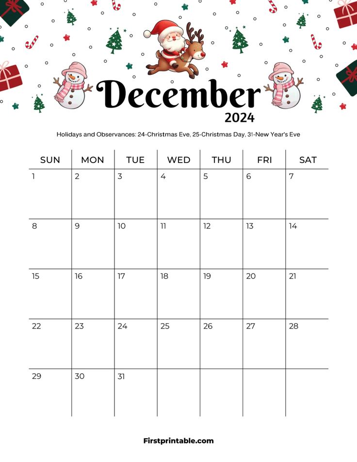 the december calendar with santa claus and snowmen on it, is shown in this printable