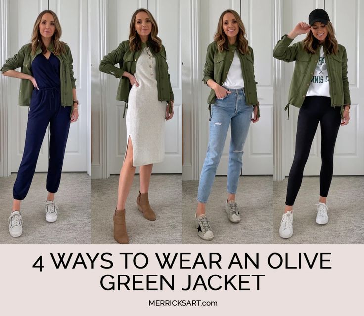 4 Olive Green Jacket Outfits - Merrick's Art Green Khaki Outfit, Khaki Green Jacket Outfit Women, Olive Leather Blazer Outfit, How To Style Olive Green Jacket, Green Jeans Jacket Outfit, Olive Leather Jacket Outfit, Military Green Jacket Outfit, Green Jean Jacket Outfit, Olive Green Leather Jacket Outfit