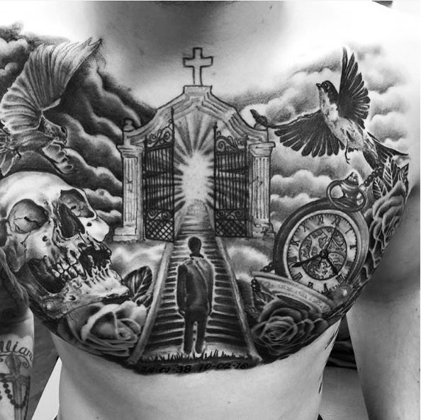 Heaven Tattoos Heaven Chest Tattoo, Stairs To Heaven Tattoo, Gates Of Heaven Tattoo, Stairway To Heaven Tattoo, Christus Tattoo, Tato Maori, Gates Of Heaven, Biblical Tattoos, Chest Ideas