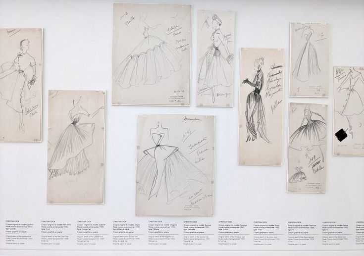 a bunch of drawings are on the wall in front of some people's dresses