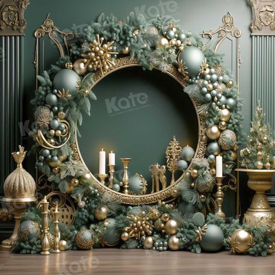 a christmas wreath with candles and ornaments around it on a table in front of a green wall