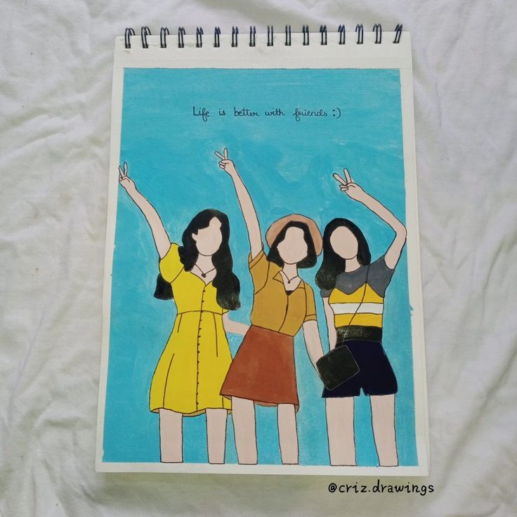 a drawing of three girls with their arms in the air