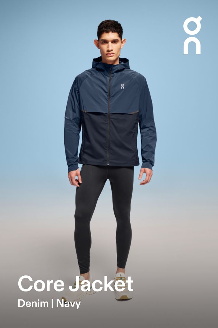 Cover up or pack it up – this versatile running jacket is your go-to basic for an everyday, all-weather wardrobe | On Men's Core Jacket in Denim/Navy, Size: Small. Cold weather running, breathable, packable Road Running. Performance Running | Recycled Polyamide Cold Weather Running, Running In Cold Weather, Versatile Jacket, Jacket Denim, Light Knit, Running Jacket, Road Running, Sports Jacket, Mens Denim