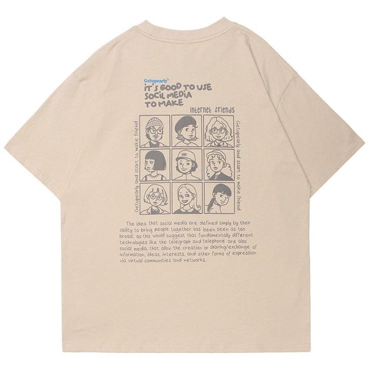 This original design interest friends graphic T-shirt features a cartoon character print on the front and nine different character prints on the back, with a descriptive text that revolves around the theme of "Internet friends". Original streetwear t-shirt has a loose fit and dropped shoulders, making it comfortable for both men and women. Made from 95% cotton and 5% polyester, this casual t-shirt is soft and breathable. It is perfect for those who love the Harajuku style, vintage look, streetwe Character Prints, Descriptive Text, A Cartoon Character, Internet Friends, Sweatshirt Jean Jacket, Women Cargo Pants, Harajuku Style, Streetwear T Shirt, T Shirt Art