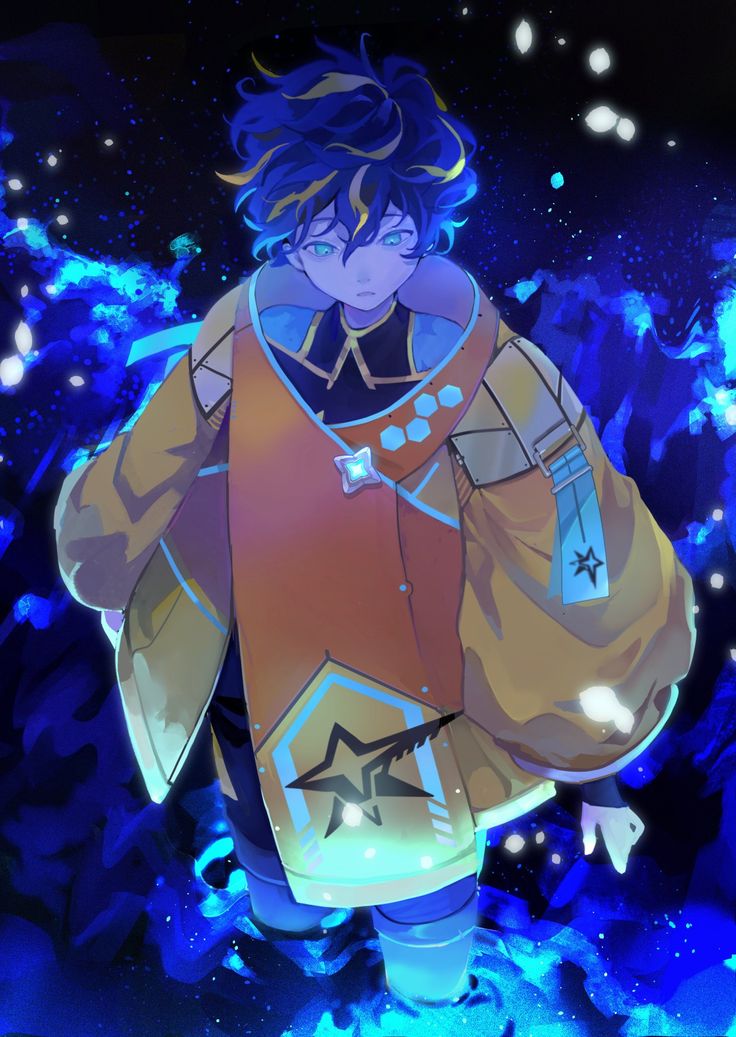 an anime character standing in front of some blue lights